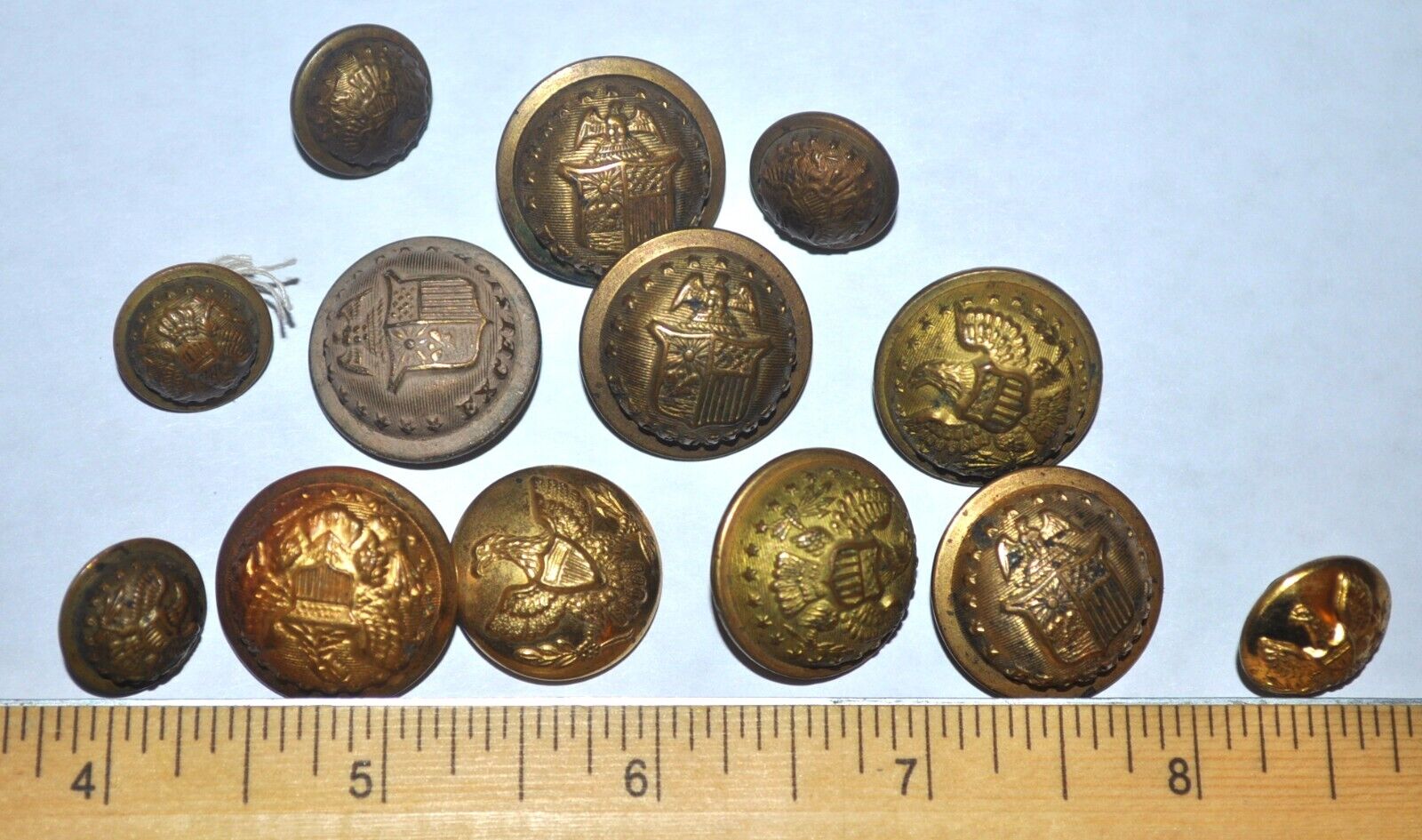 13 Antique BUTTONS : U.S. Officers Staff, INDIAN WAR Eagle, N.Y. STATE SEAL old