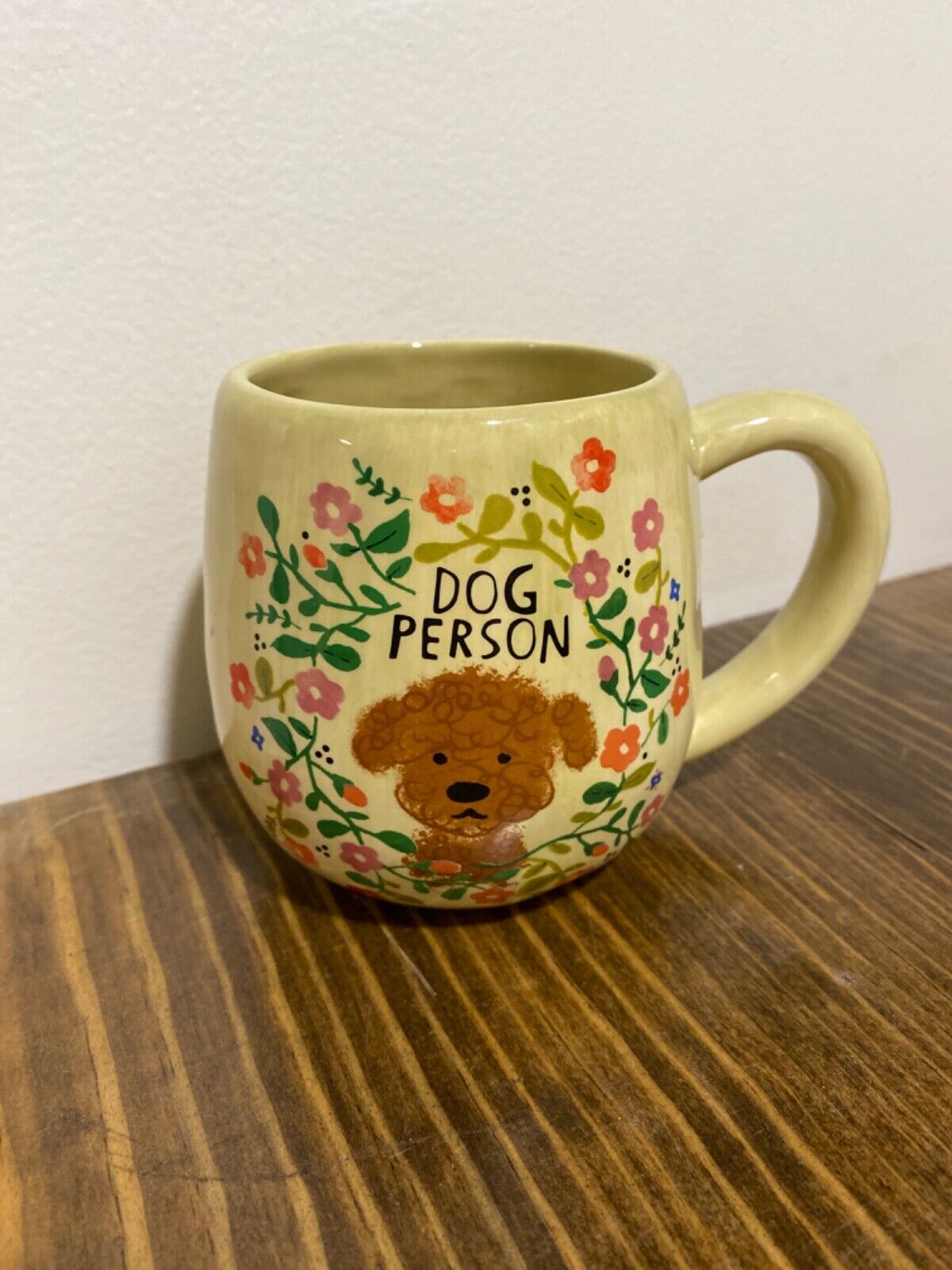 Dog Person yellow ceramic  cup, natural life brand, floral decorative pattern
