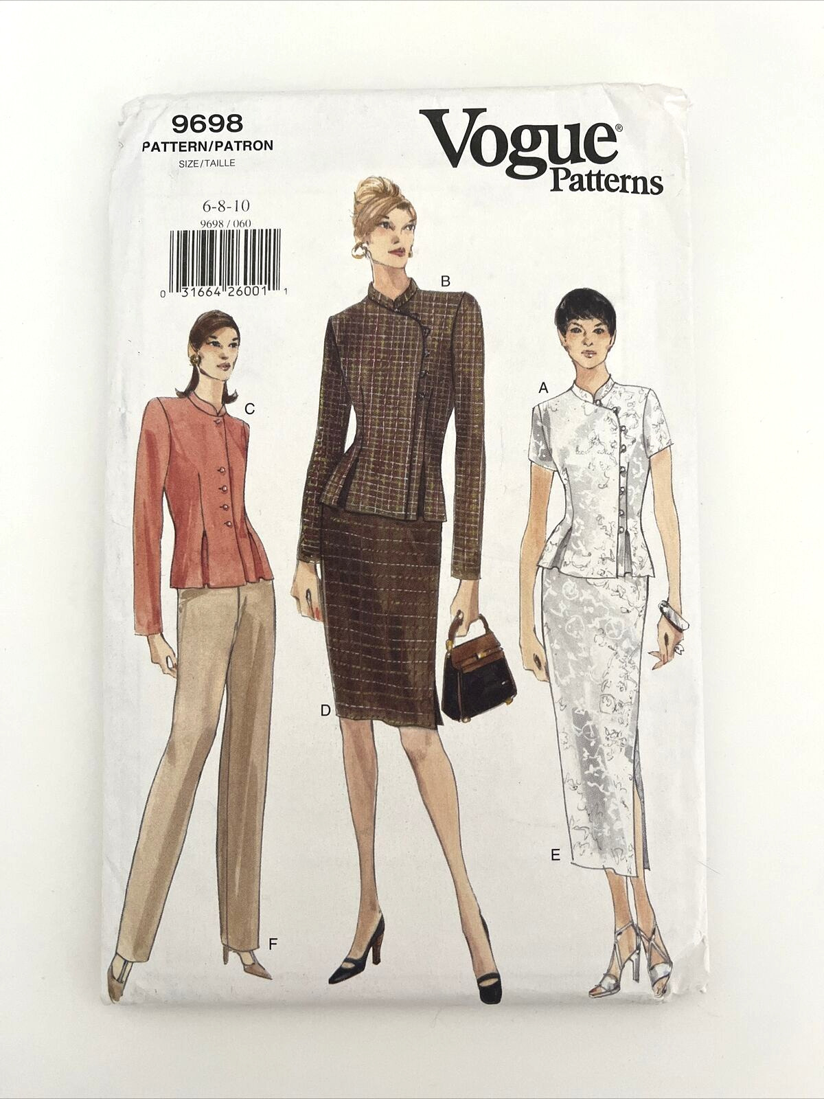Vogue 9698 Semi Fitted Top Tapered Skirt Mandarin Collar Size 6-8-10 UNCUT