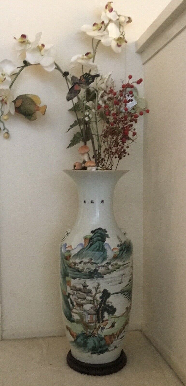 Vintage Oriental White Porcelain Floor Vase Beautifully Hand painted.