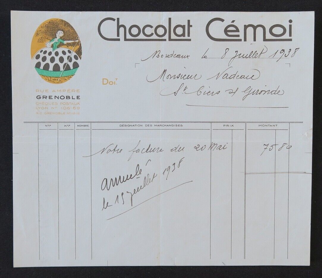 1939 GRENOBLE CHOCOLATE CEMOI illustrated invoice 67