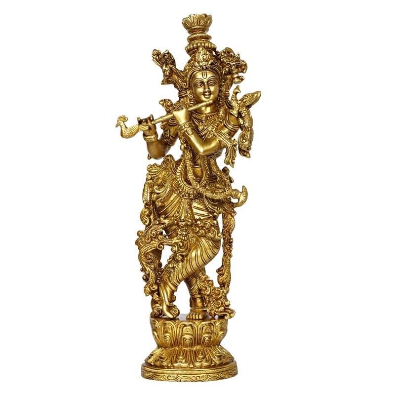 Golden Brass Lord Krishna Bhagwan Statue Playing Flute Idol Murti Figurine 14\