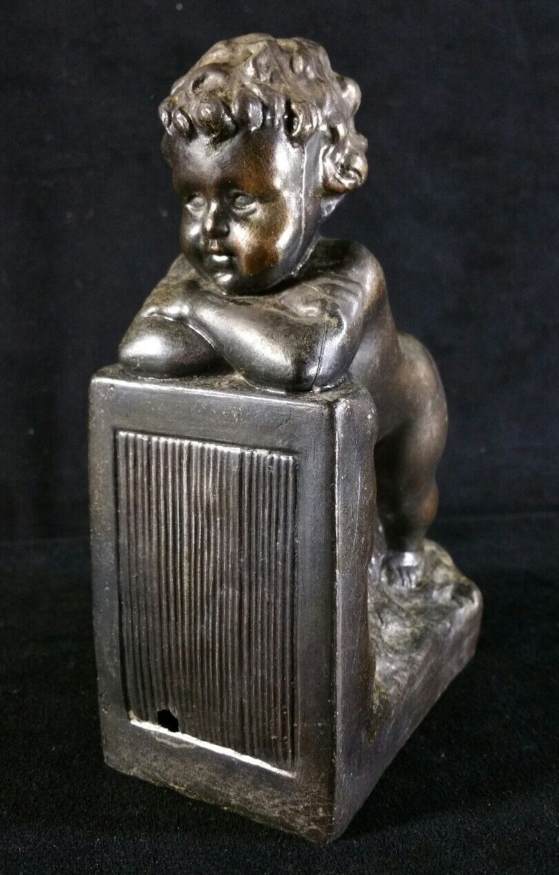 Vintage Single Cherub Bookend Bronze Finish Pot Metal Unmarked 2.2x6.7x4.2 VFINE