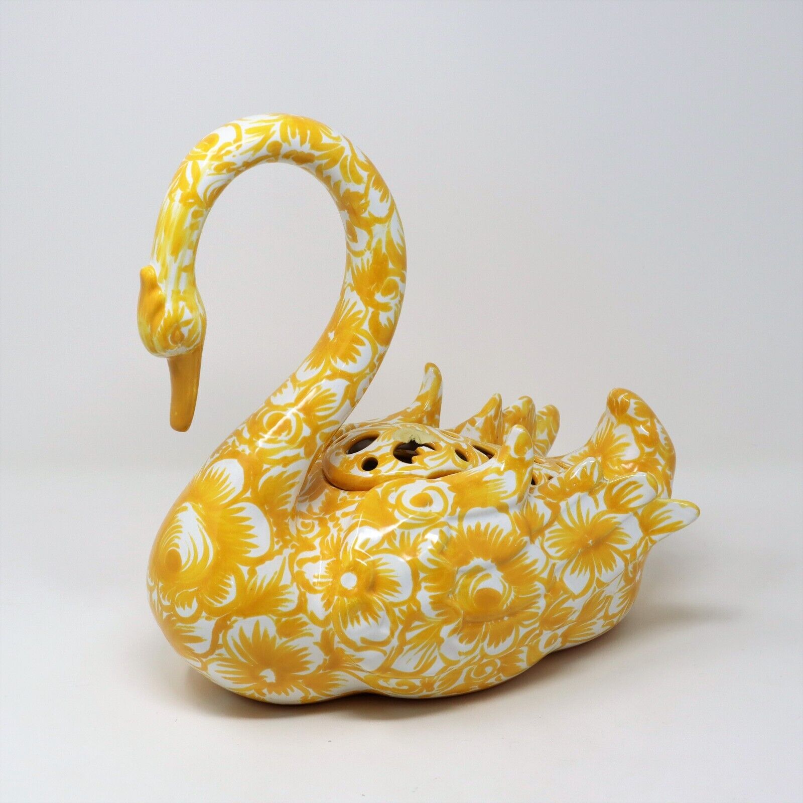 Large Portugal Swan Planter Porcelain Yellow Flowers Floral