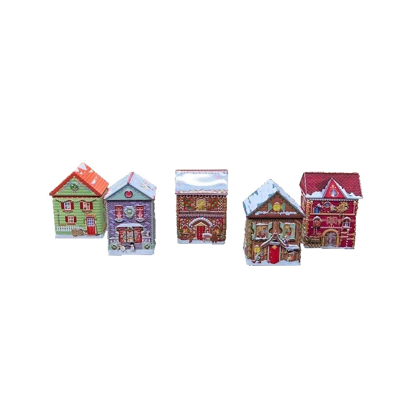 Vintage Fannie May Harry London Christmas Winter Village Tin Set of 5 New in box