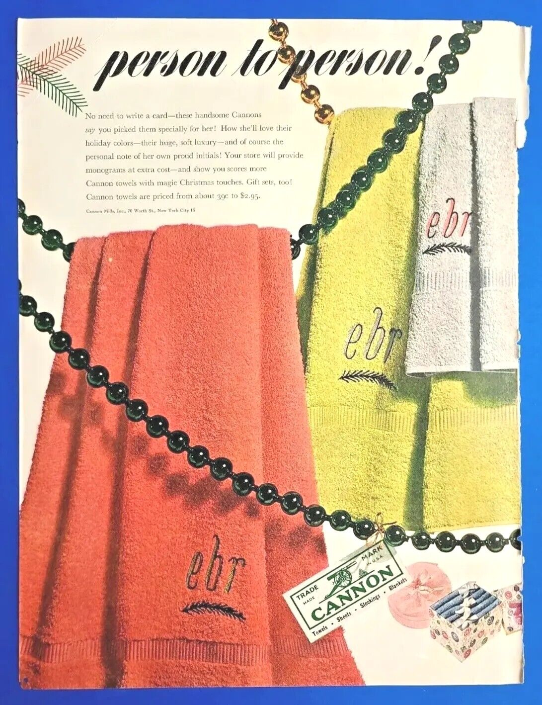 1948 Cannon Towels Vintage 1940\'s Magazine Print Ad person to person