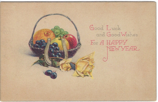 Happy New Year Postcard Antique, Posted, Horseshoe and Fruit Basket