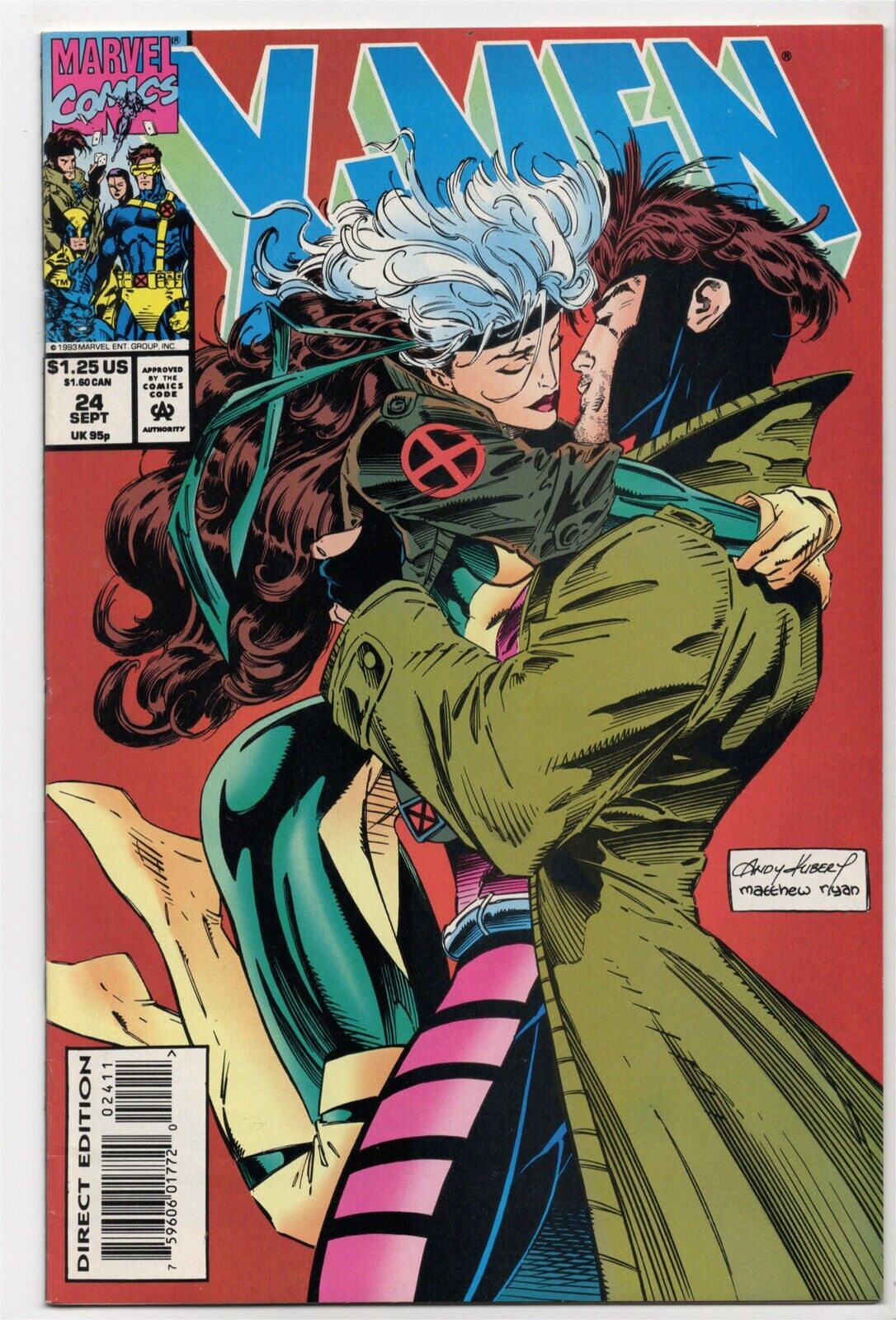 X-Men #24 (1993),  Iconic Rogue and Gambit Kissing Cover VF/NM
