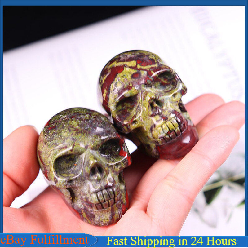 Natural Dragon Bloodstone Quartz Crystal Skull Hand Carved Skeleton Statue Reiki