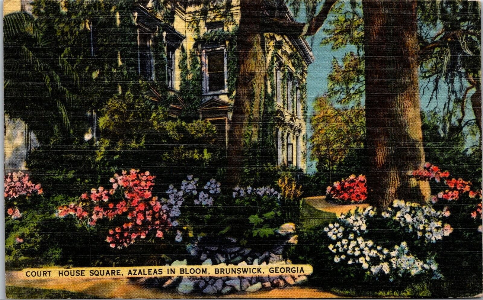 Vtg Brunswick Georgia GA Court House Square Azaleas in Bloom 1940s Postcard