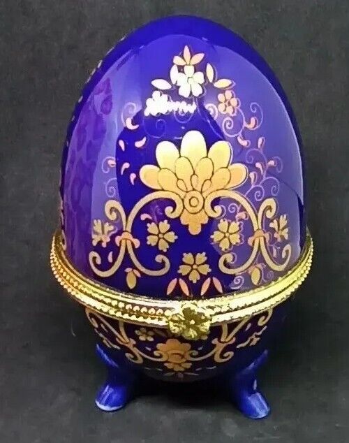 Vintage Faberge egg imitation porcelain  trinket box blue