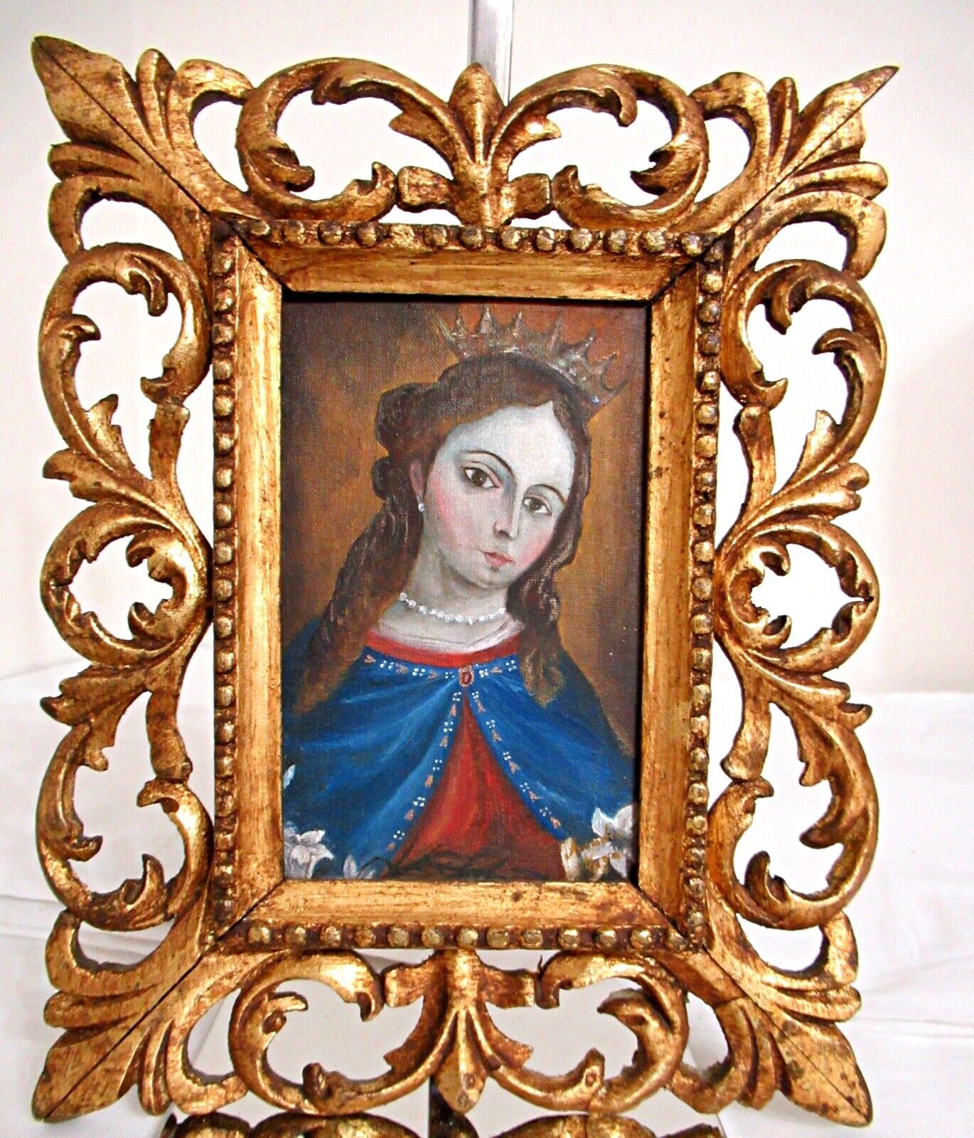 ANTIQUE MEXICAN BAROQUE STYLE PAINTING VIRGIN MARY GILDED FRAME - ARTIST SIGNED