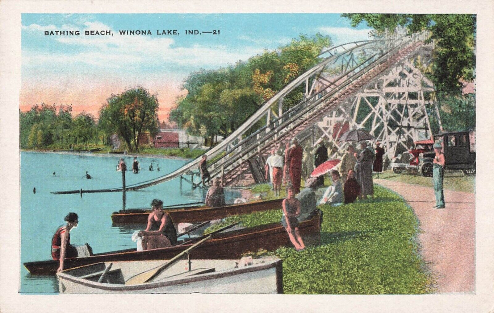 Winona Lake Indiana Postcard Bathing Beach Boats c1920s          U2*