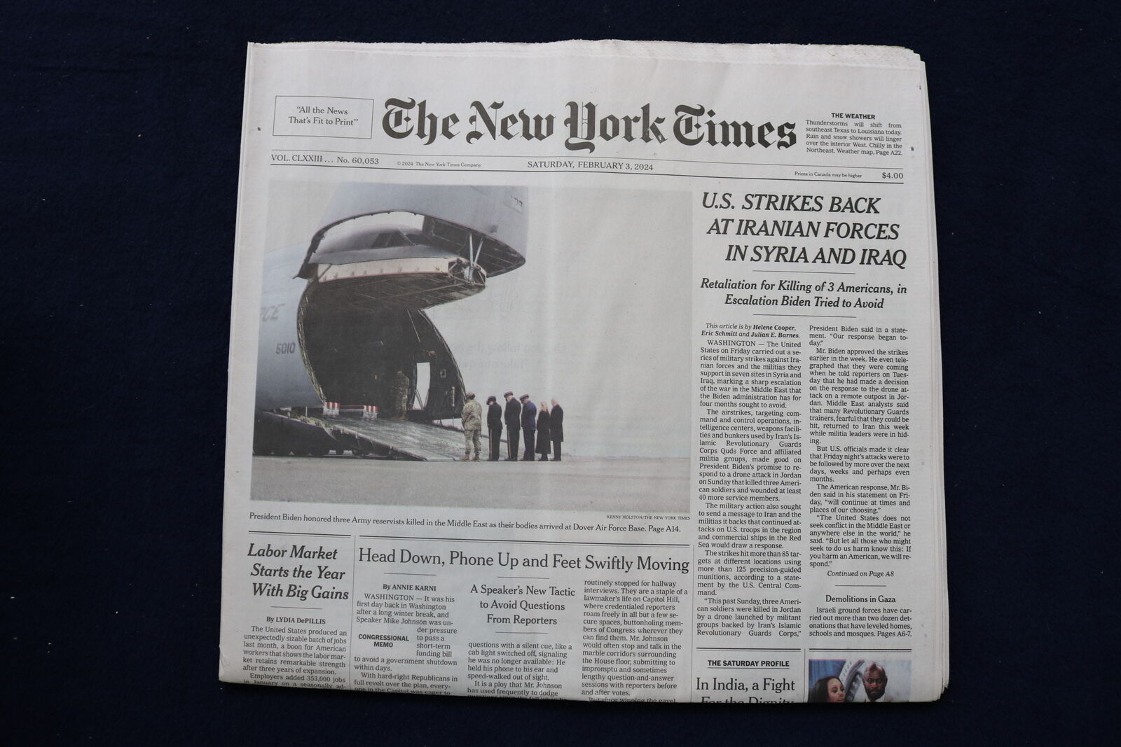 2024 FEB 3 NEW YORK TIMES - U.S. STRIKES BACK AT IRANIAN FORCERS IN SYRIA & IRAQ