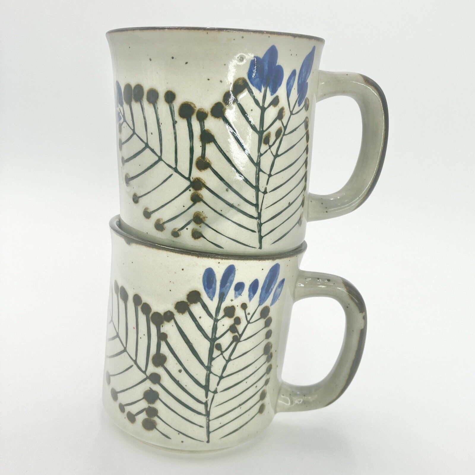 Vtg Stoneware Botanical Nature Retro Blue Brown Coffee Mugs Cup Set of 2