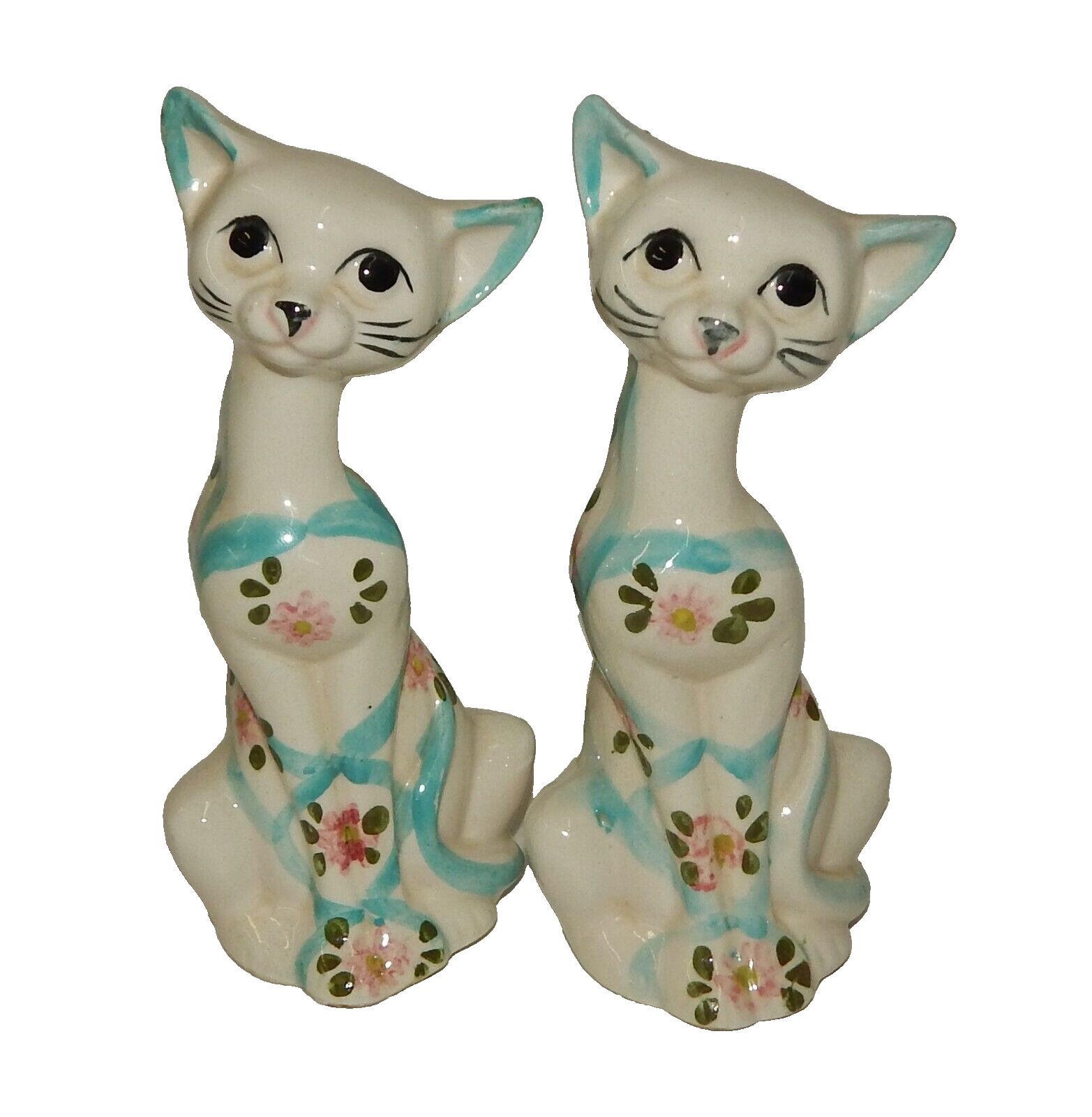 Pair of Vintage Mid Century Hand-Painted Floral Cat Figurines Japan