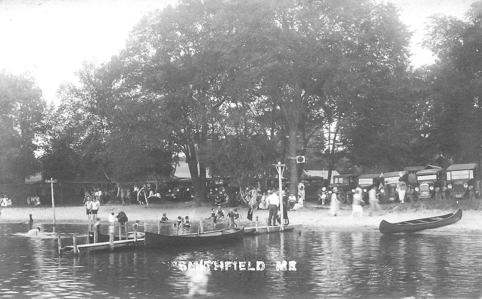 Smithfield ME Beach Scene Canoes & Dock Old Cars, Real Photo Postcard