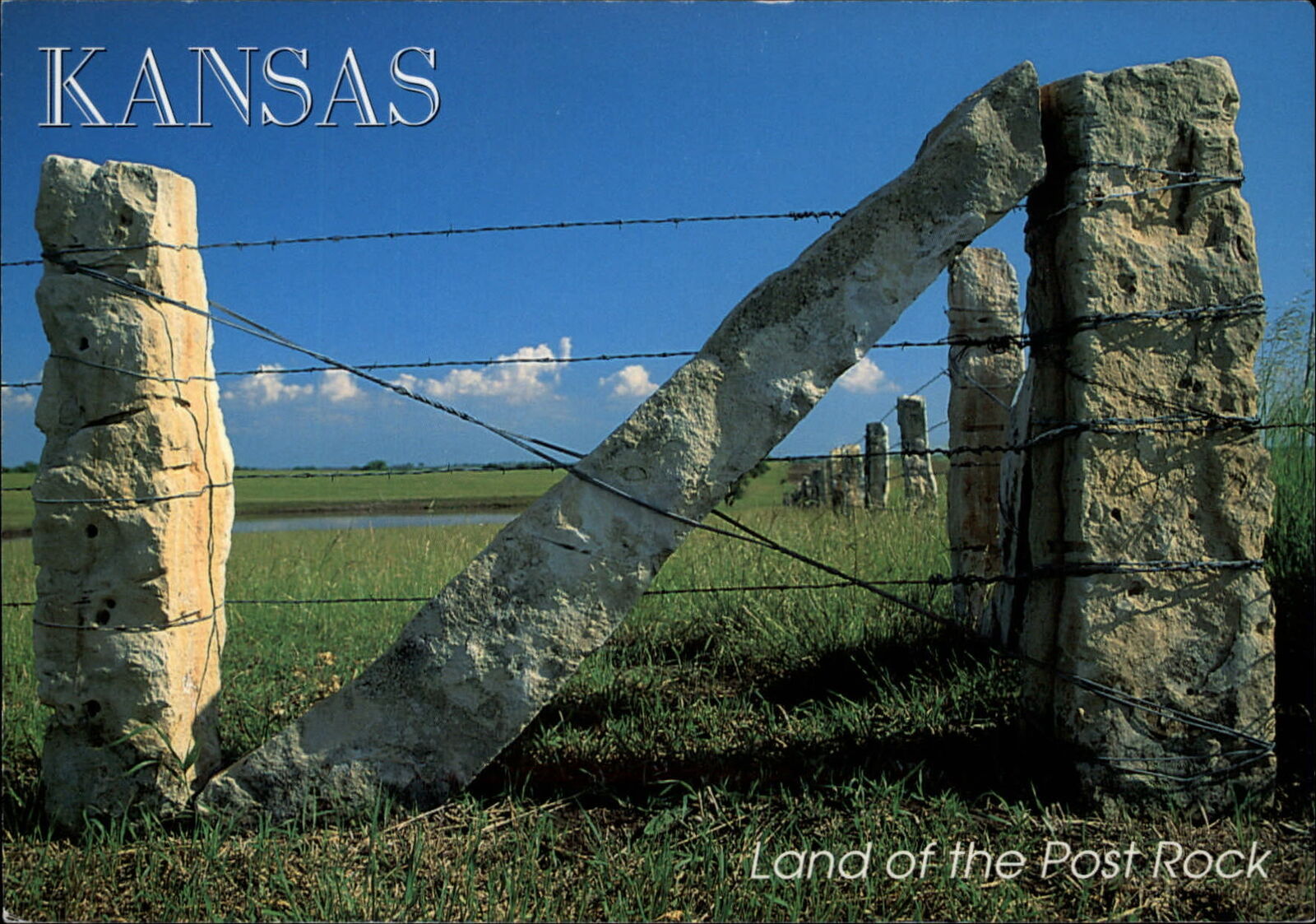 Kansas Stone Post barbed wire fence pasture unused postcard sku487