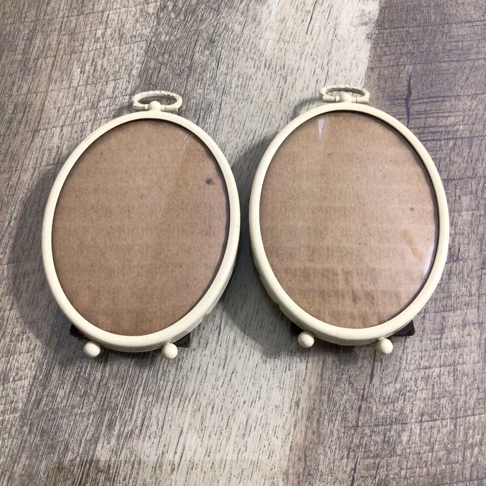 Vintage Small Metal Oval Picture Frames Convex / Bubble Glass Set of 2