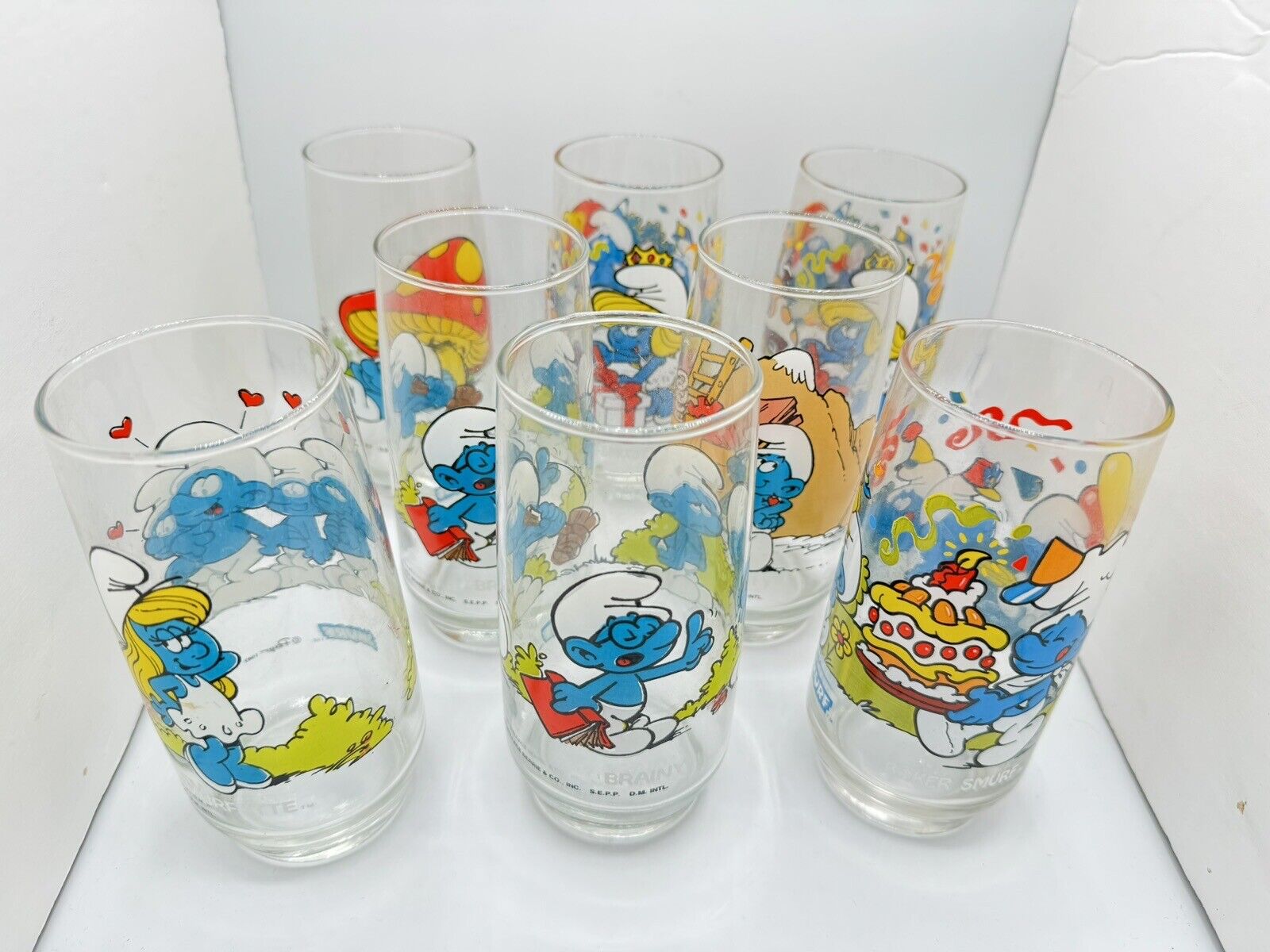 Smurfs Peyo Lot 1982-1984 Collectable Drinking Glasses (8) Vintage