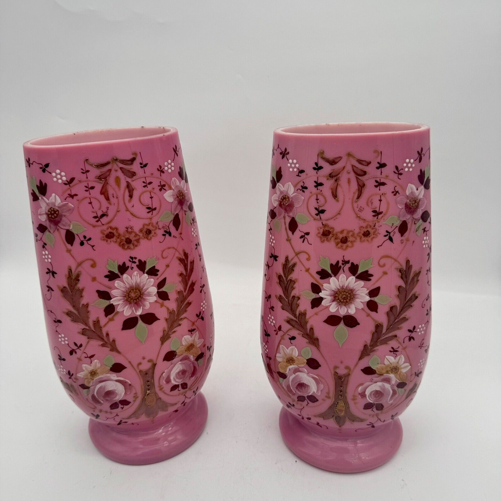 19C Opaline Pink Bristol Glass 2 Vases Enameled With Leaves Flowers 11.5” R