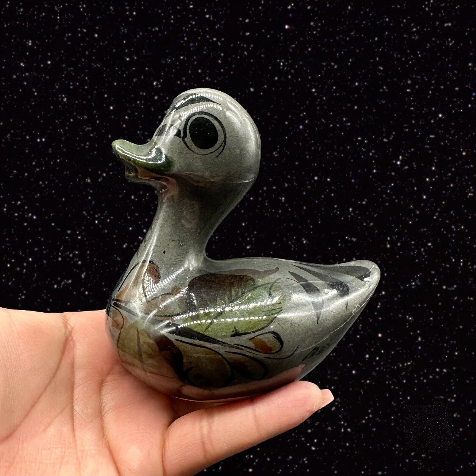 Vintage Mexican Pottery Tonola Duck Bird Handpainted Mexico Folk Art 4”T 4”W
