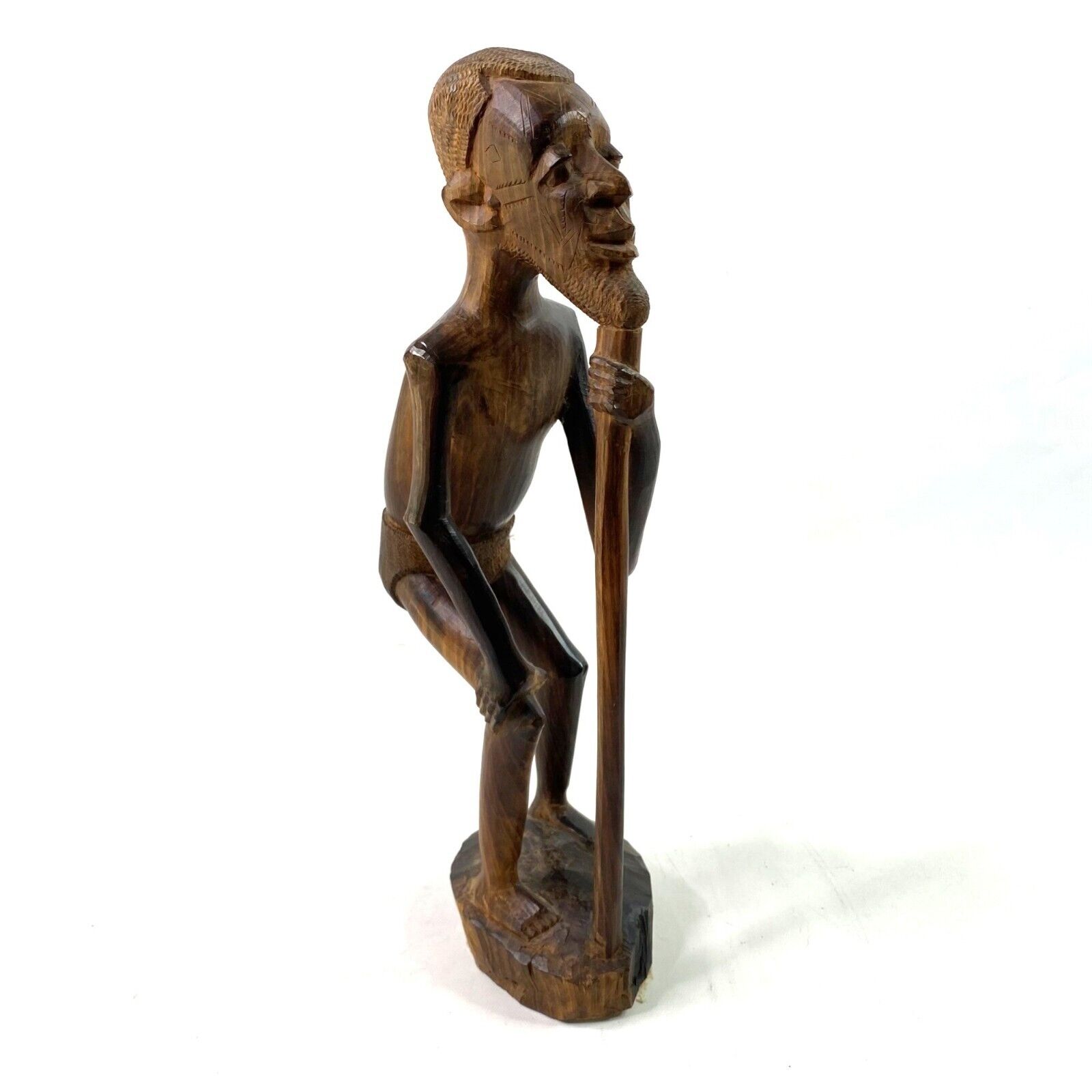 African Man Wood Carving Sculpture Old Man with Walking Stick Primitive Rustic