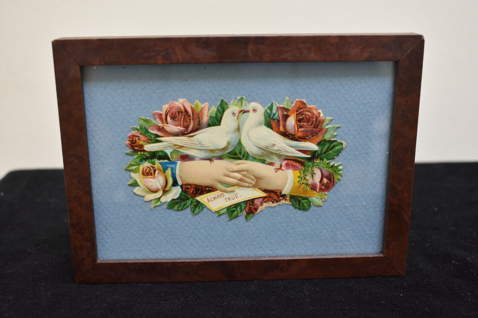 REDUCED Antique Victorian Cutout with Love Birds & Roses in Antique Walnut Frame