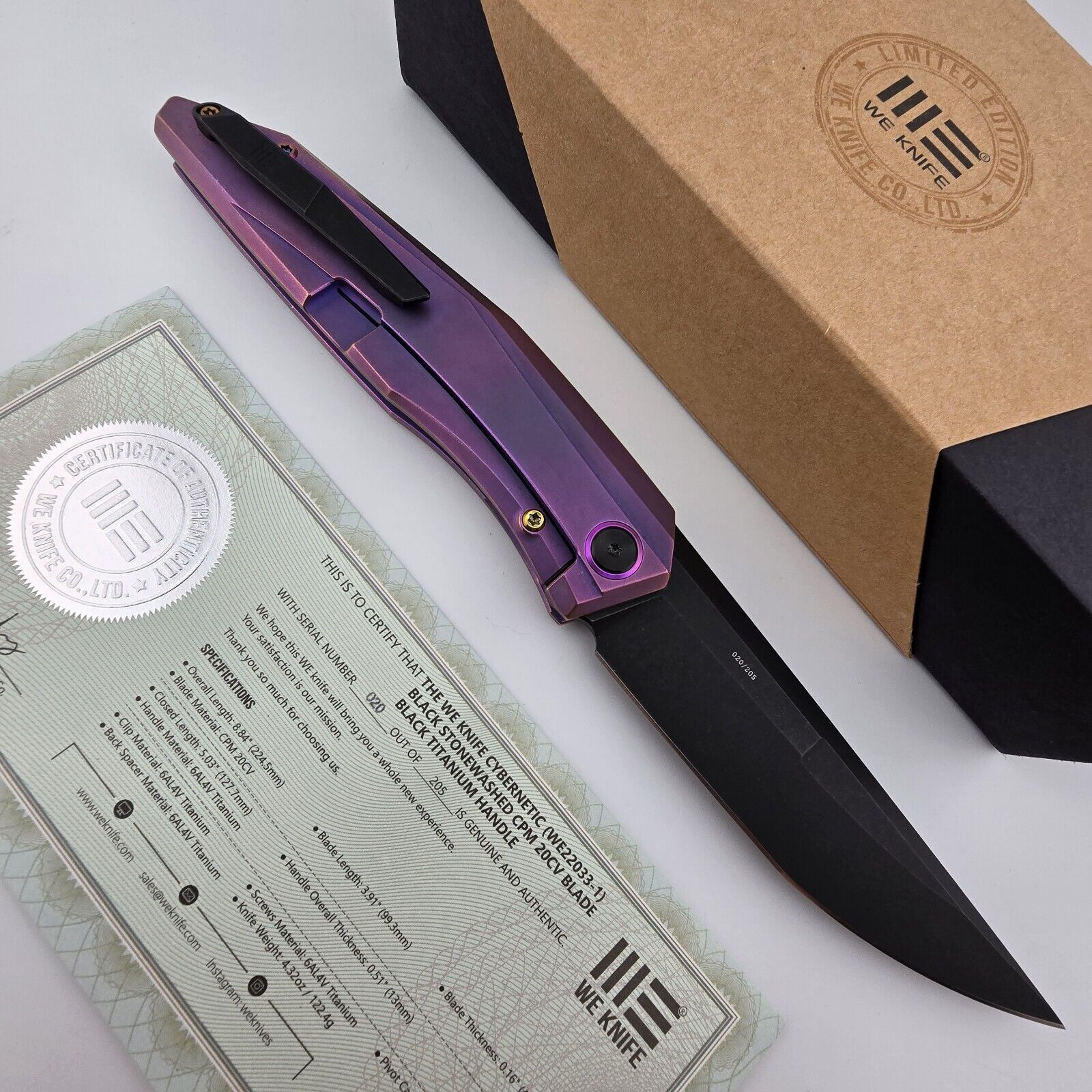 WE Knife Cybernetic Folding Knife Limited Blue Purple Titanium Handle 20CV Blade