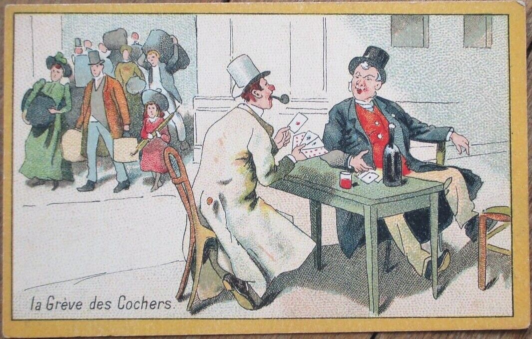 Chicoree d\'Alsace 1880s French Trade Card, Men Smoking Drinking Playing Cards