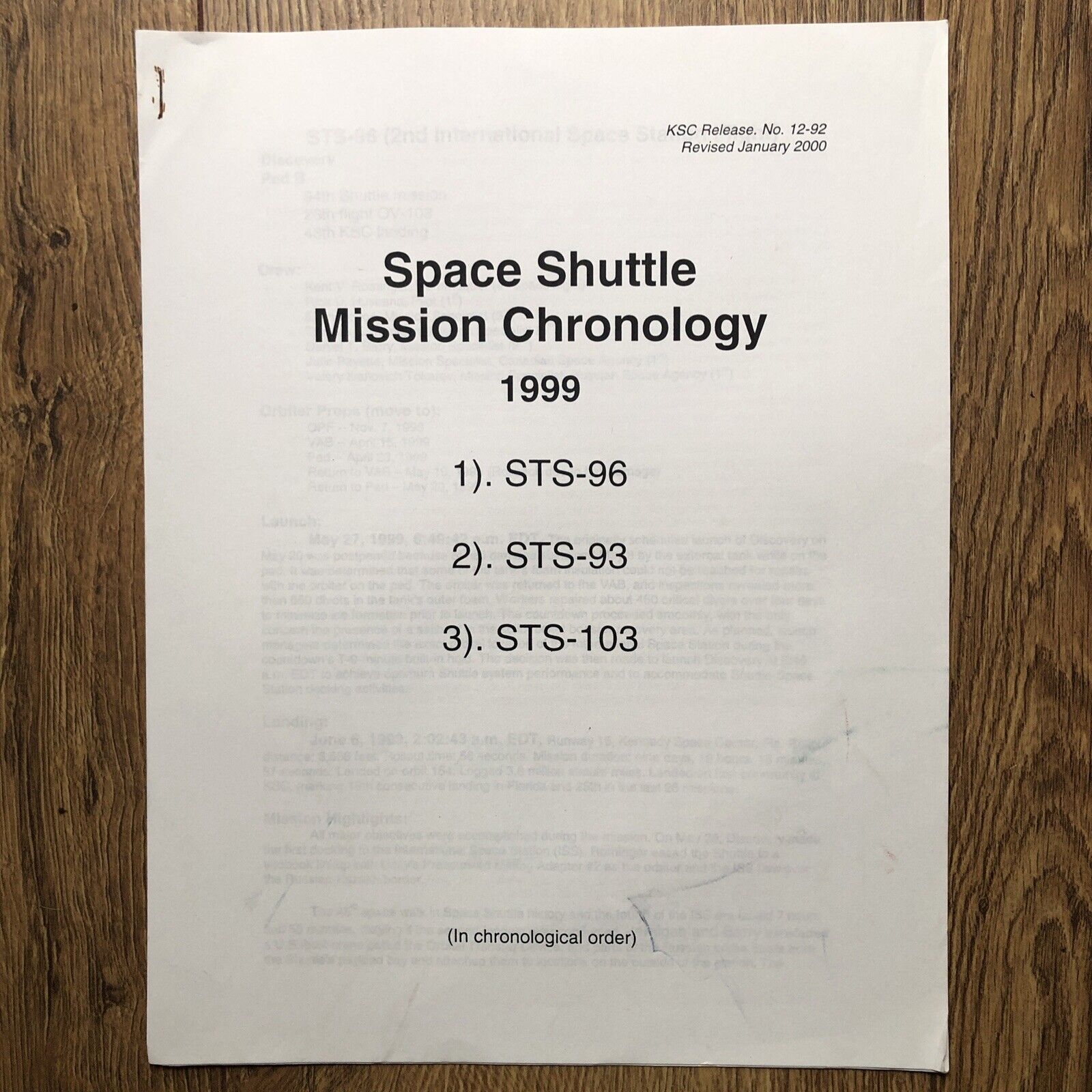 Space Shuttle Mission Chronology 1999 STS-96 STS-93 STS-103 KSC Release