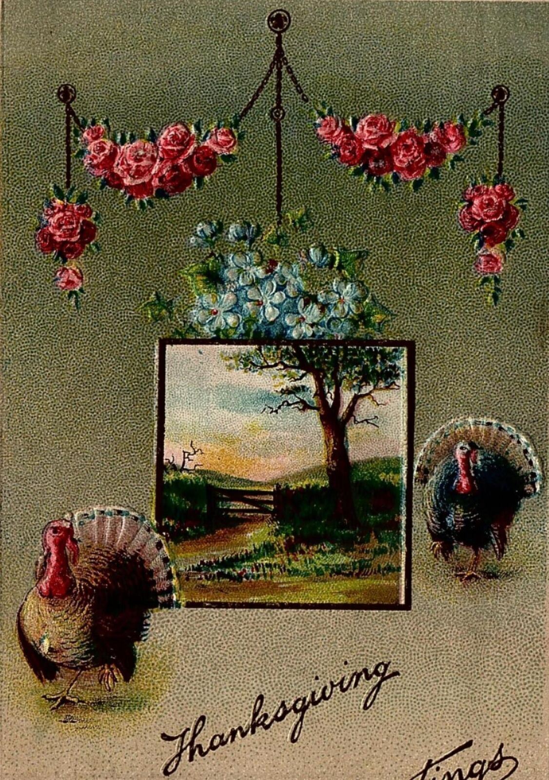1912 THANKSGIVING GREETINGS TURKEY LANDSCAPE FLOWERS EMBOSSED POSTCARD 34-54