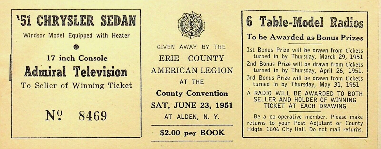 1951 ERIE COUNTY AMERICAN LEGION ALDEN, NEW YORK FULL RAFFLE TICKET BOOK -E12-H