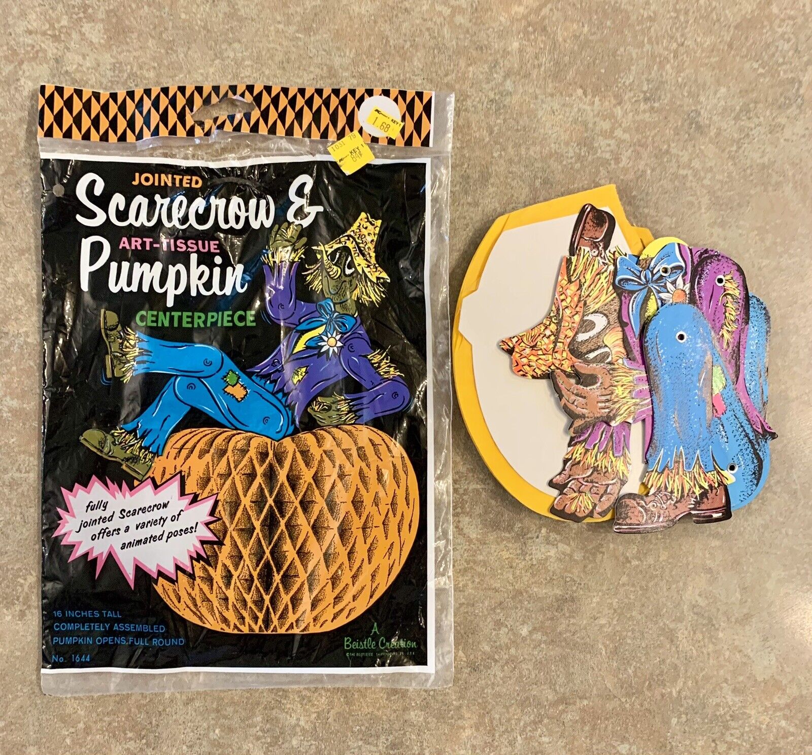 Vintage Beistle Scarecrow And Pumpkin Jointed Die Cast And Tissue Paper