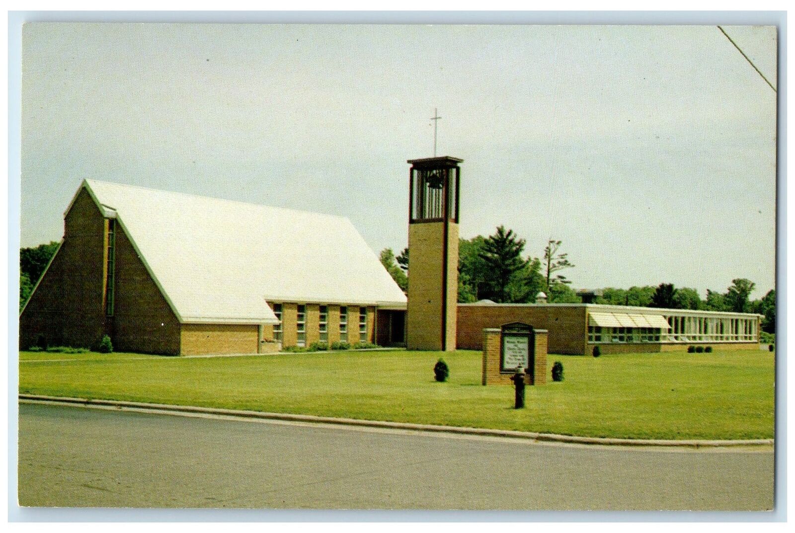c1960's First Methodist Church With Memorial Bell Tower Barron WI Trees Postcard