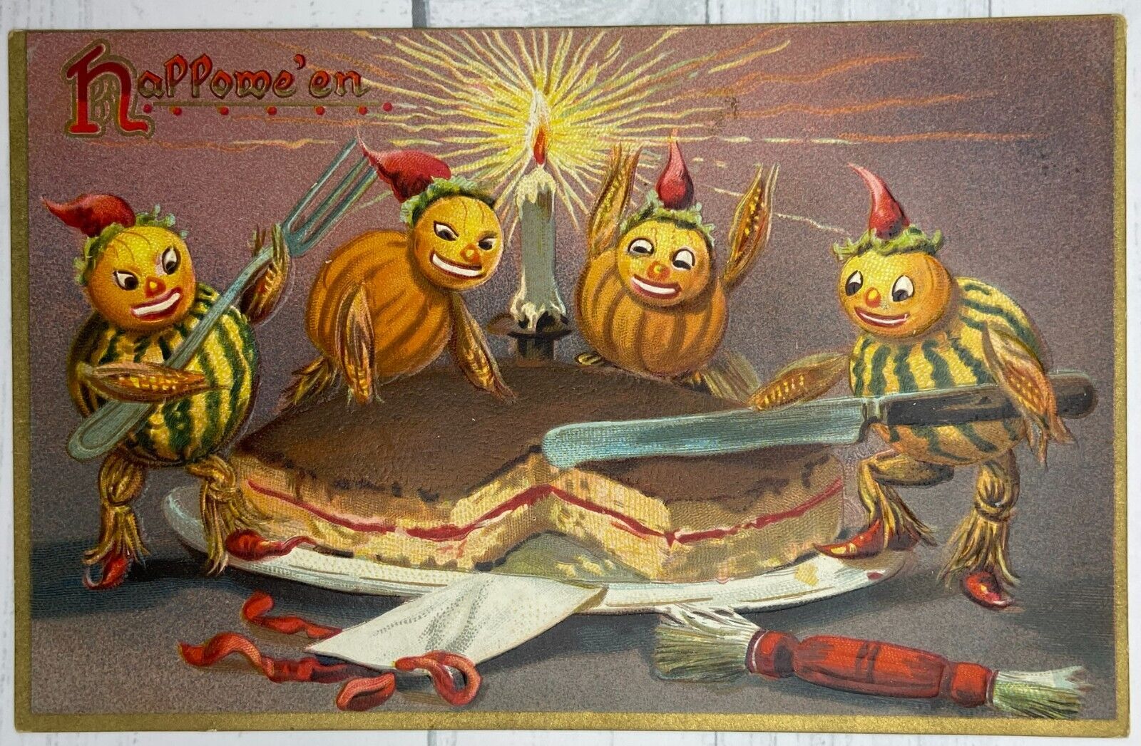 Vintage Tuck\'s Halloween Postcard ~ Gourd Men Cutting Cake ~ Unposted