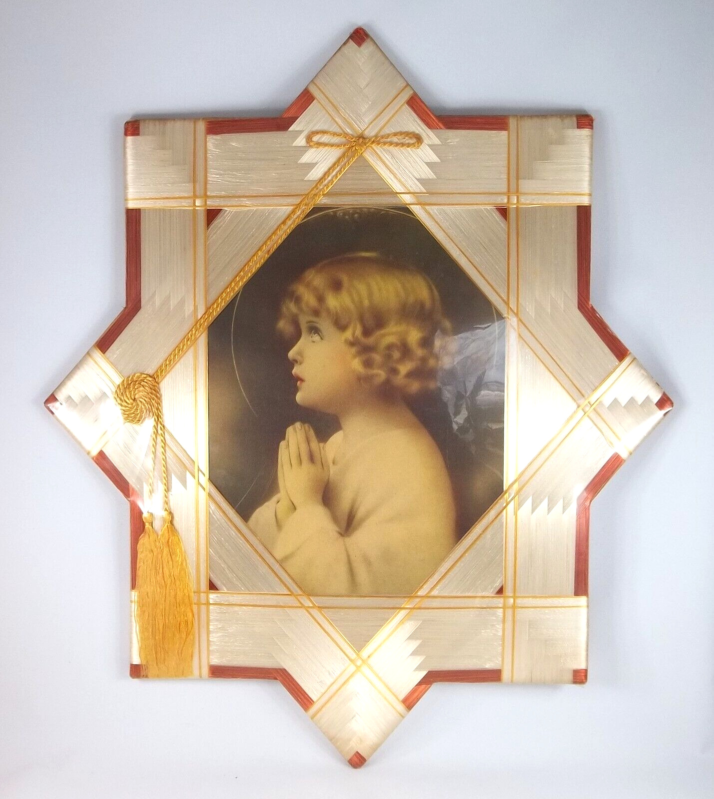 Vintage Picture Little Girl Praying, Star Shape Woven Frame With Tassel