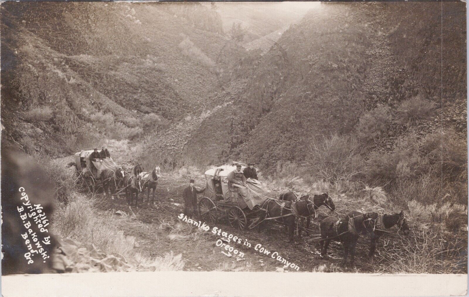 RPPC, B. B. BAKOWSKI, 1910, SHANIKO STAGES IN COW CANYON, OREGON