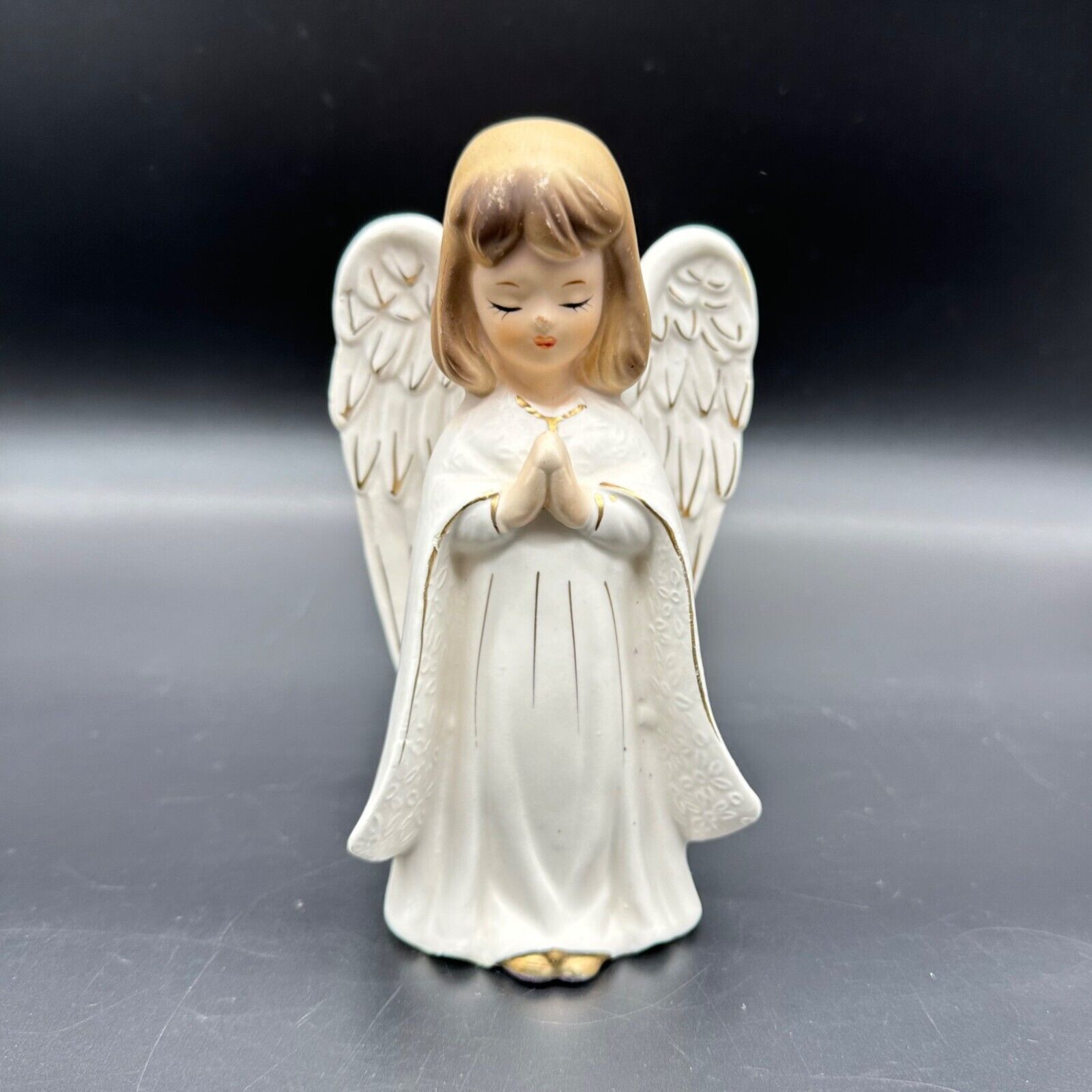 Vintage Angel Figurine Praying Hands Japan Ceramic 1960s Kitschy Girl White