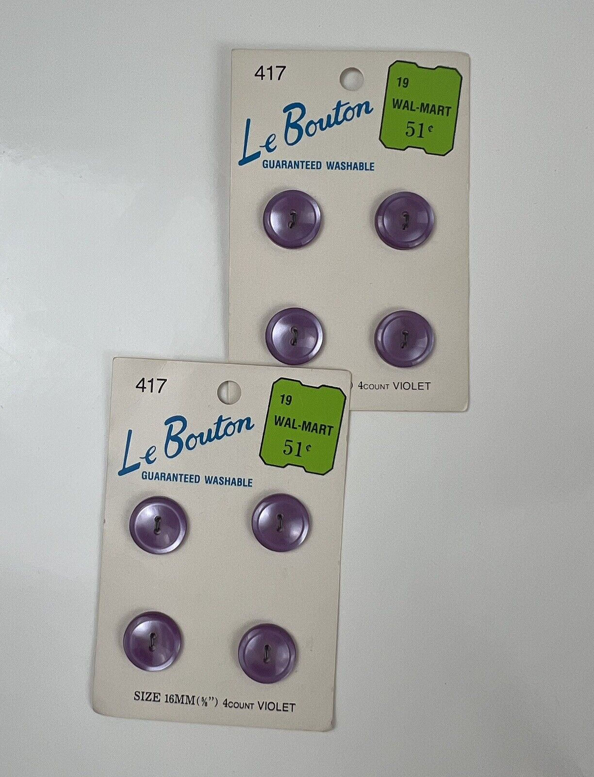 2 Vintage NOS Le Bouton 4 Count Violet  Buttons 16MM #417 Replacement Buttons