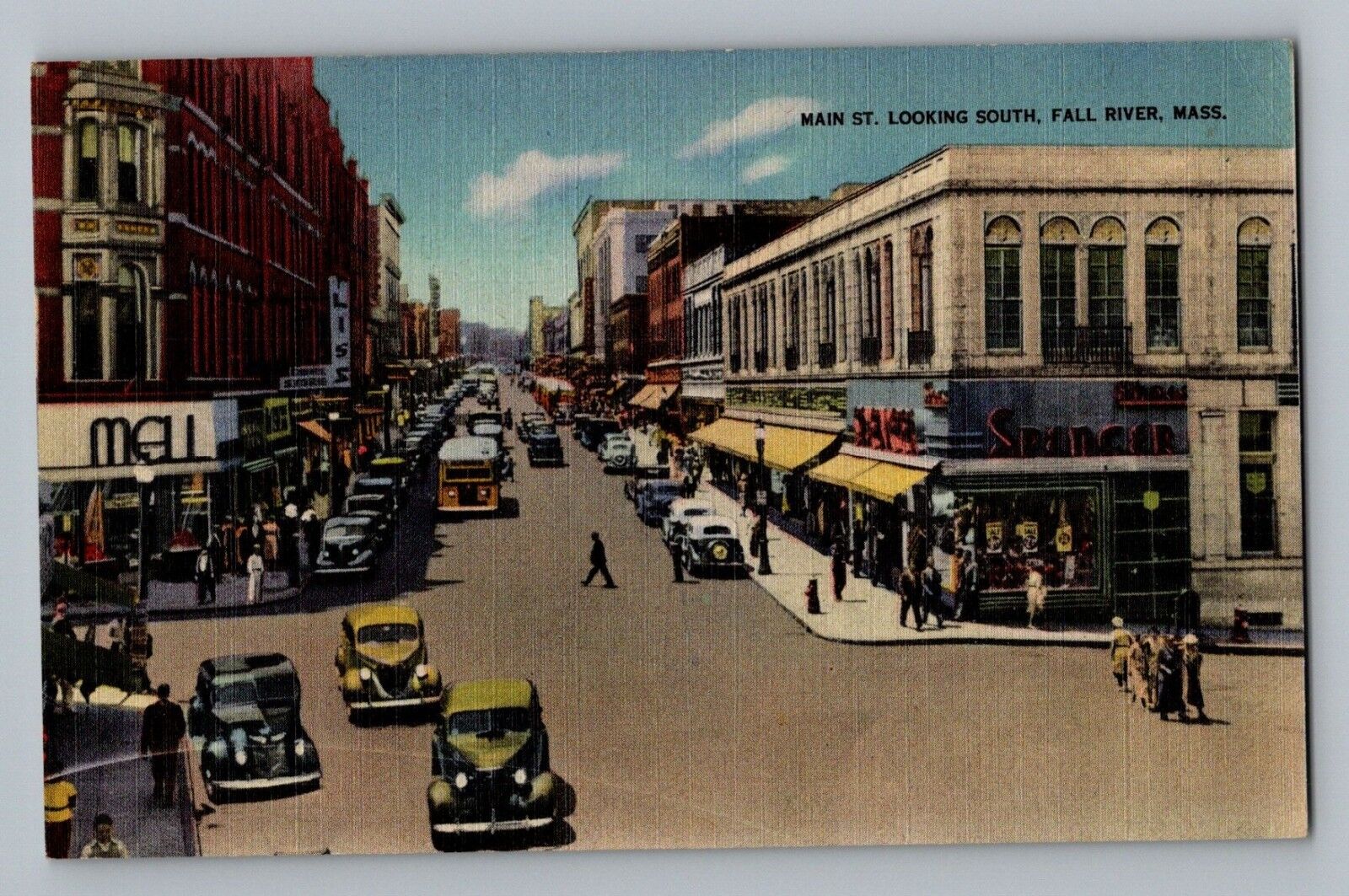 Fall River Massachusetts MA Main Street Looking South Cars Postcard 1930-45