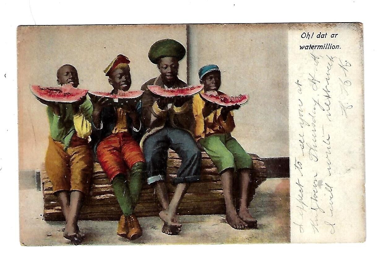 c1908 Illustrated Postcard 4 Young Men Sitting on Log Eating Lunch