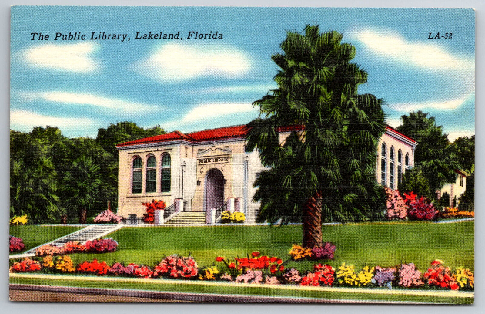 Vintage Postcard FL Lakeland Public Library Linen Flowers ~10028