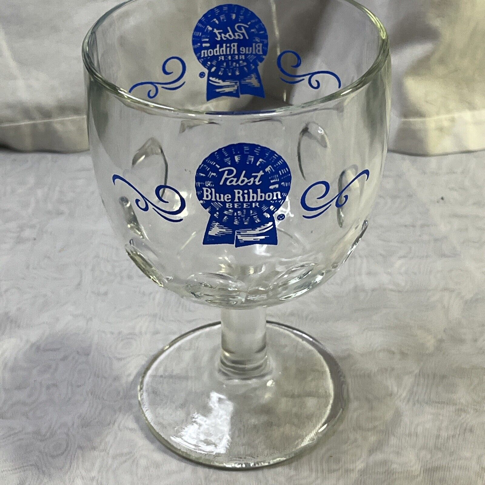 1 Vintage Pabst Blue Ribbon Heavy Glass Beer Thumbprint Goblet Mug Pint Glass