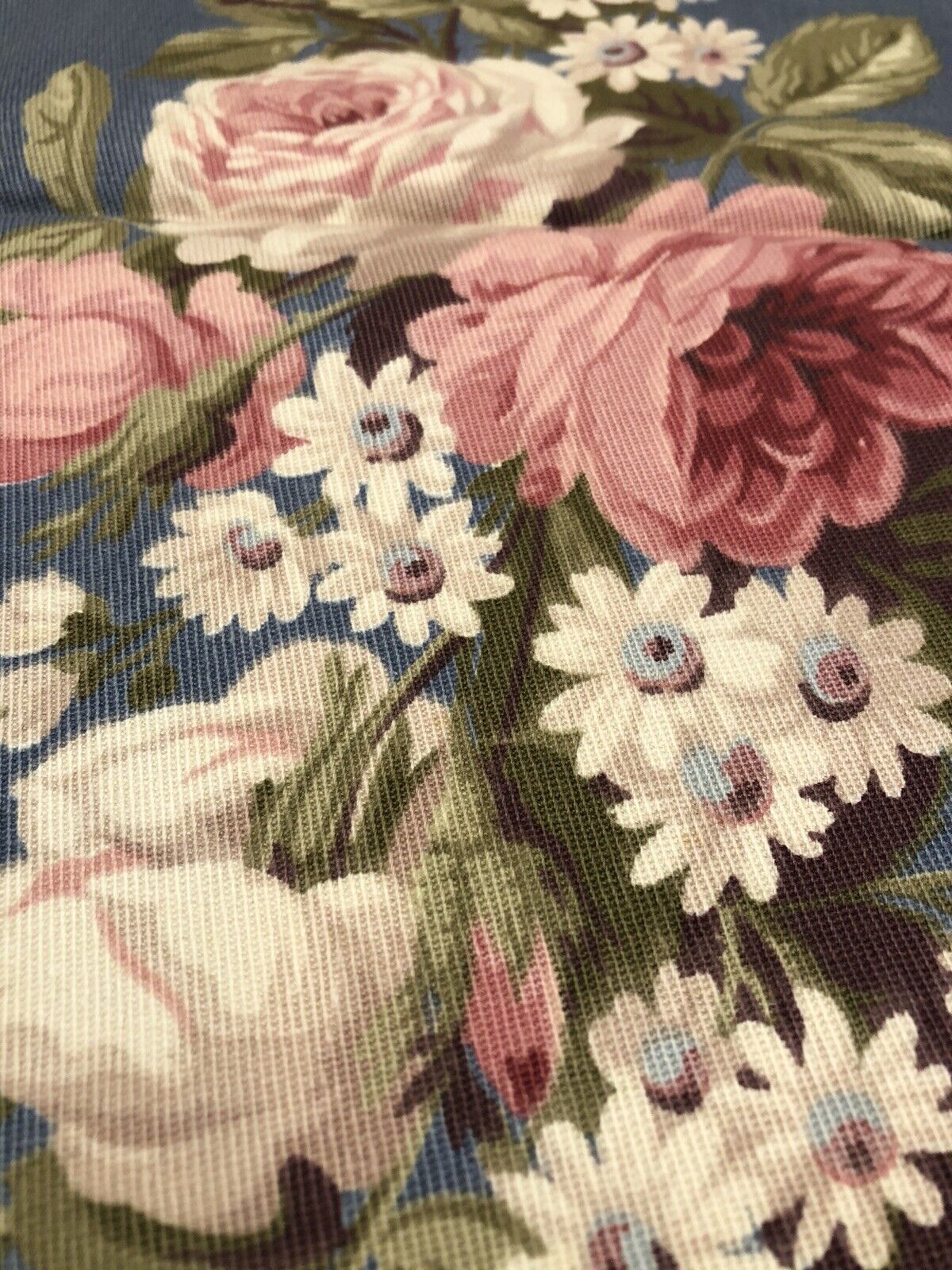 Vintage Fabric Upholstery 1930s Floral Stripes Blue Pink Cottage Print Remnant