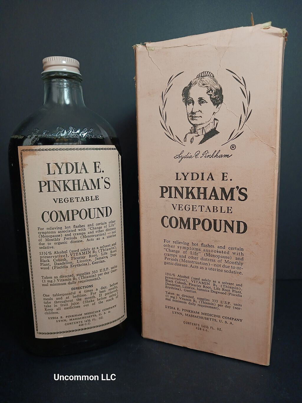 Antique Full Lg Bottle Lydia E Pinkham Vegetable Compound w/Original Box
