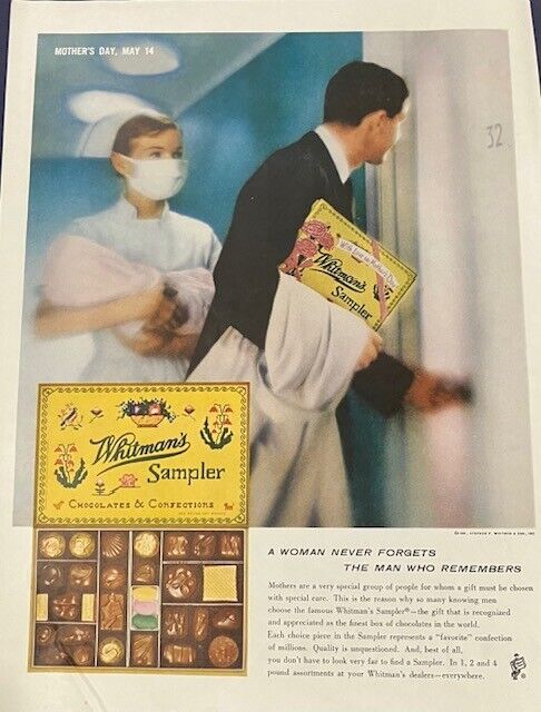 1961 Original Vintage Whitman\'s Chocolate Sampler Box Candy Baby Newborn Ad