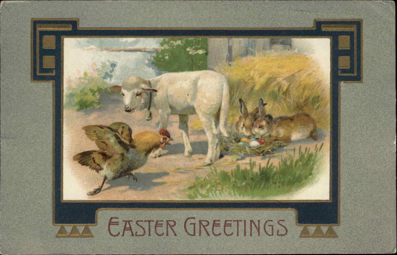 Winsch Easter Lamb Chick Rabbits Textured Background c1910 Vintage Postcard