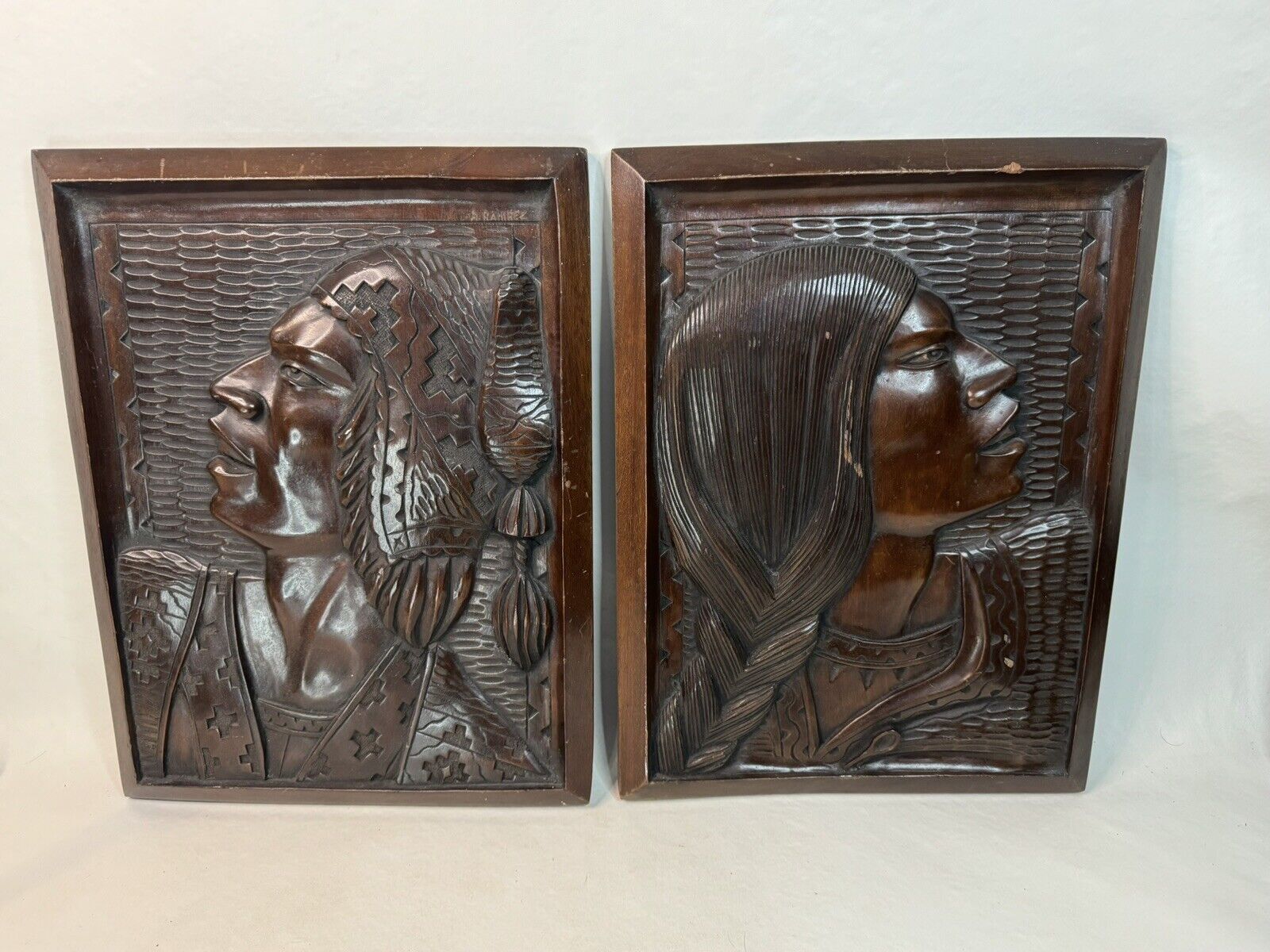 2 RAMIREZ Hand Carved signed Wood Wall Plaques Art