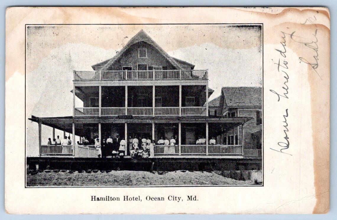 1909 OCEAN CITY MD HAMILTON HOTEL BLACK & WHITE PEOPLE PORCHES ANTIQUE POSTCARD